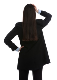 Young businesswoman in elegant suit on white background, back view