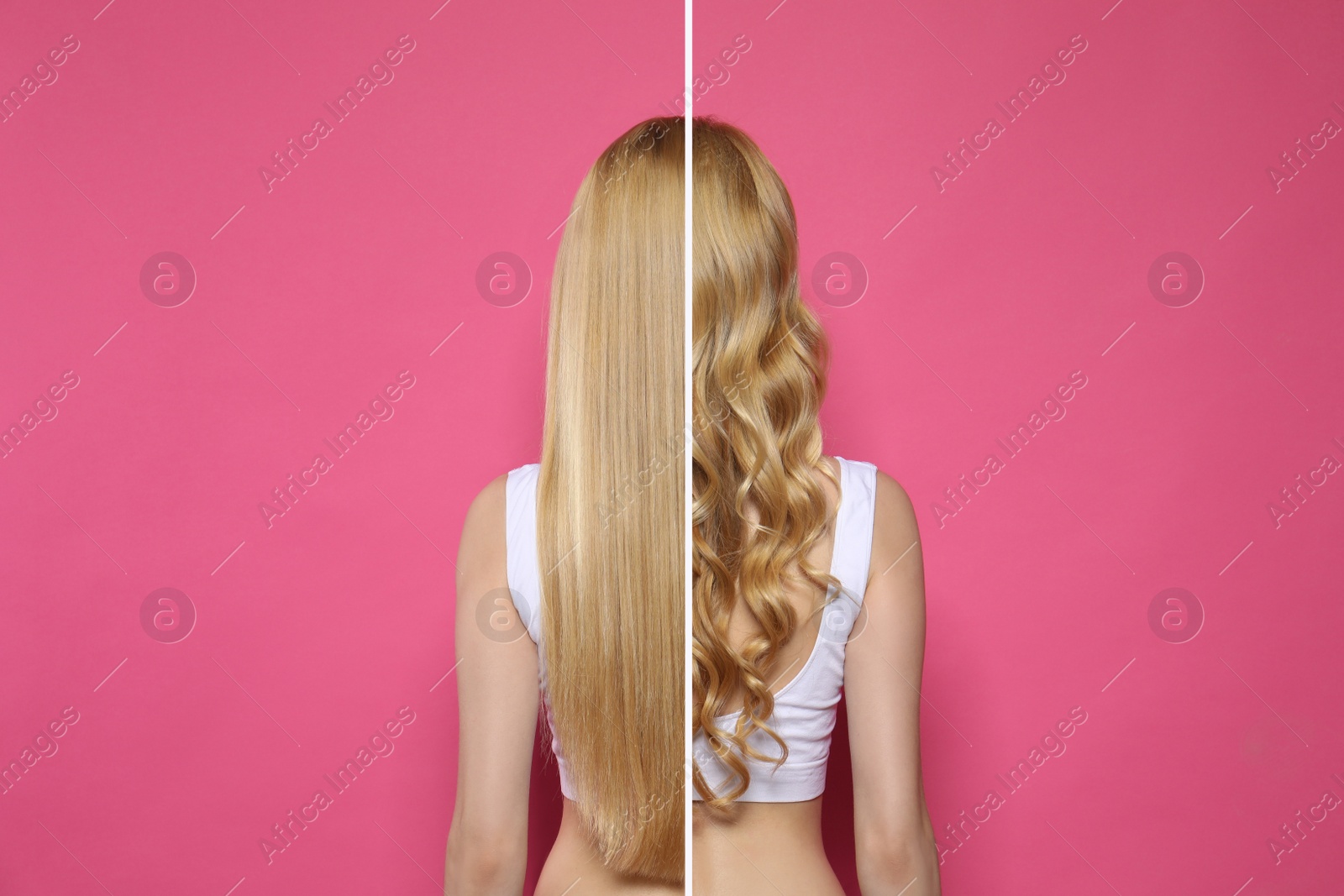 Image of Young woman with long hair before and after using curlers on pink background, collage