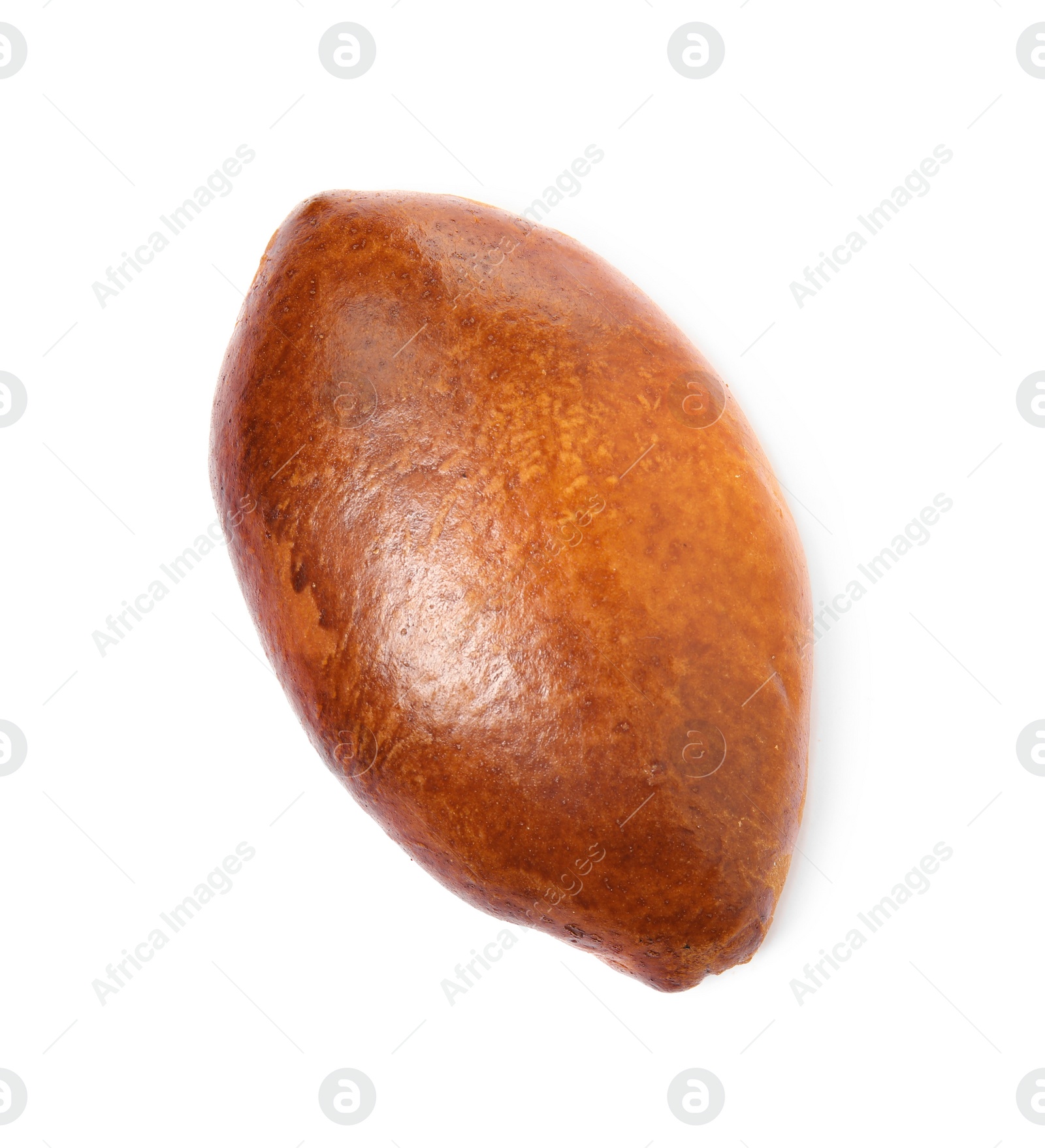 Photo of Delicious baked pirozhok on white background, top view