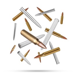 Image of Many bullets falling on white background. Firearm ammunition