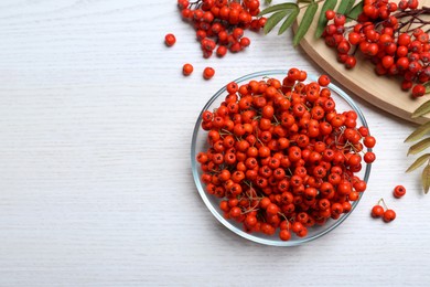 Photo of Fresh ripe rowan berries and leaves on white wooden table, flat lay. Space for text