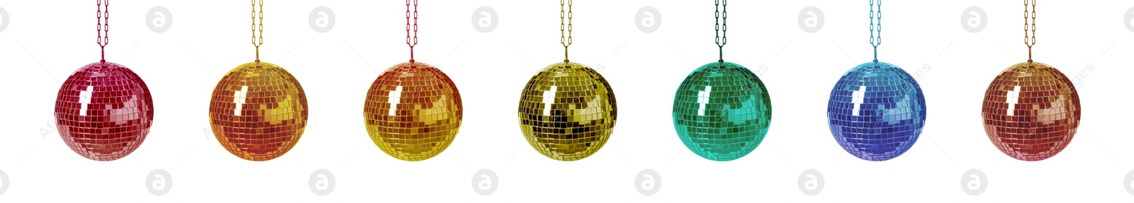 Image of Set with colorful shiny disco balls on white background. Banner design