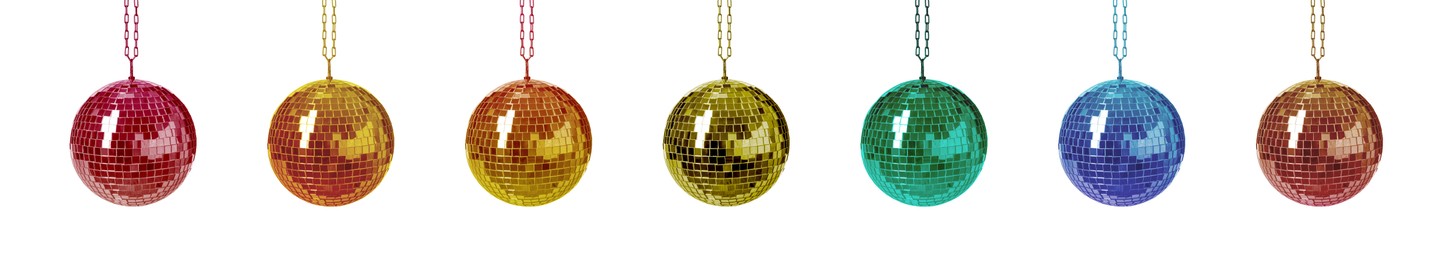 Image of Set with colorful shiny disco balls on white background. Banner design