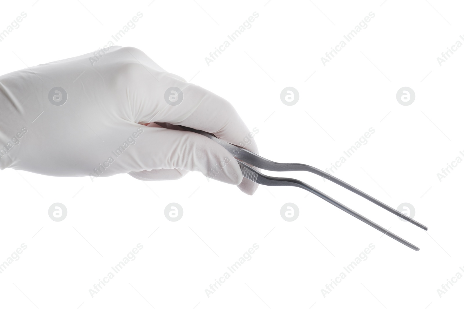 Photo of Doctor holding surgical forceps on white background, closeup. Medical instrument