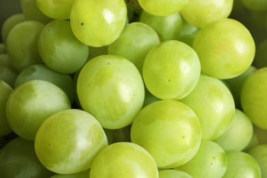 Bunch of green fresh ripe juicy grapes as background, closeup