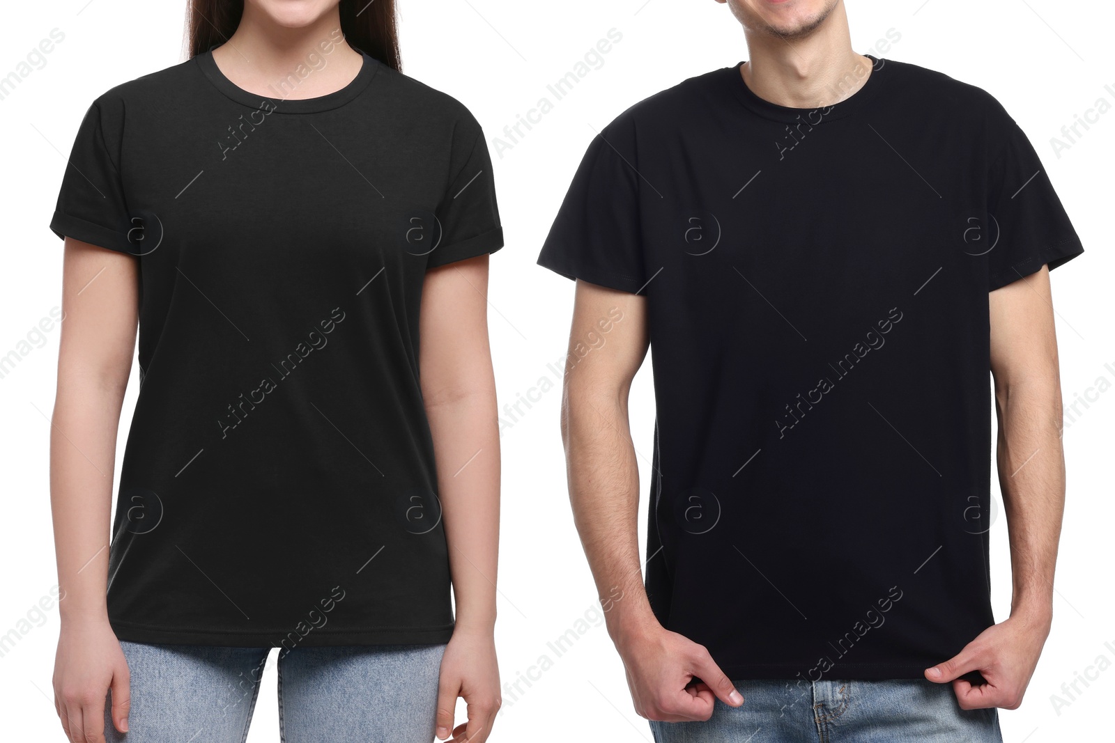 Image of People wearing black t-shirts on white background, closeup. Mockup for design