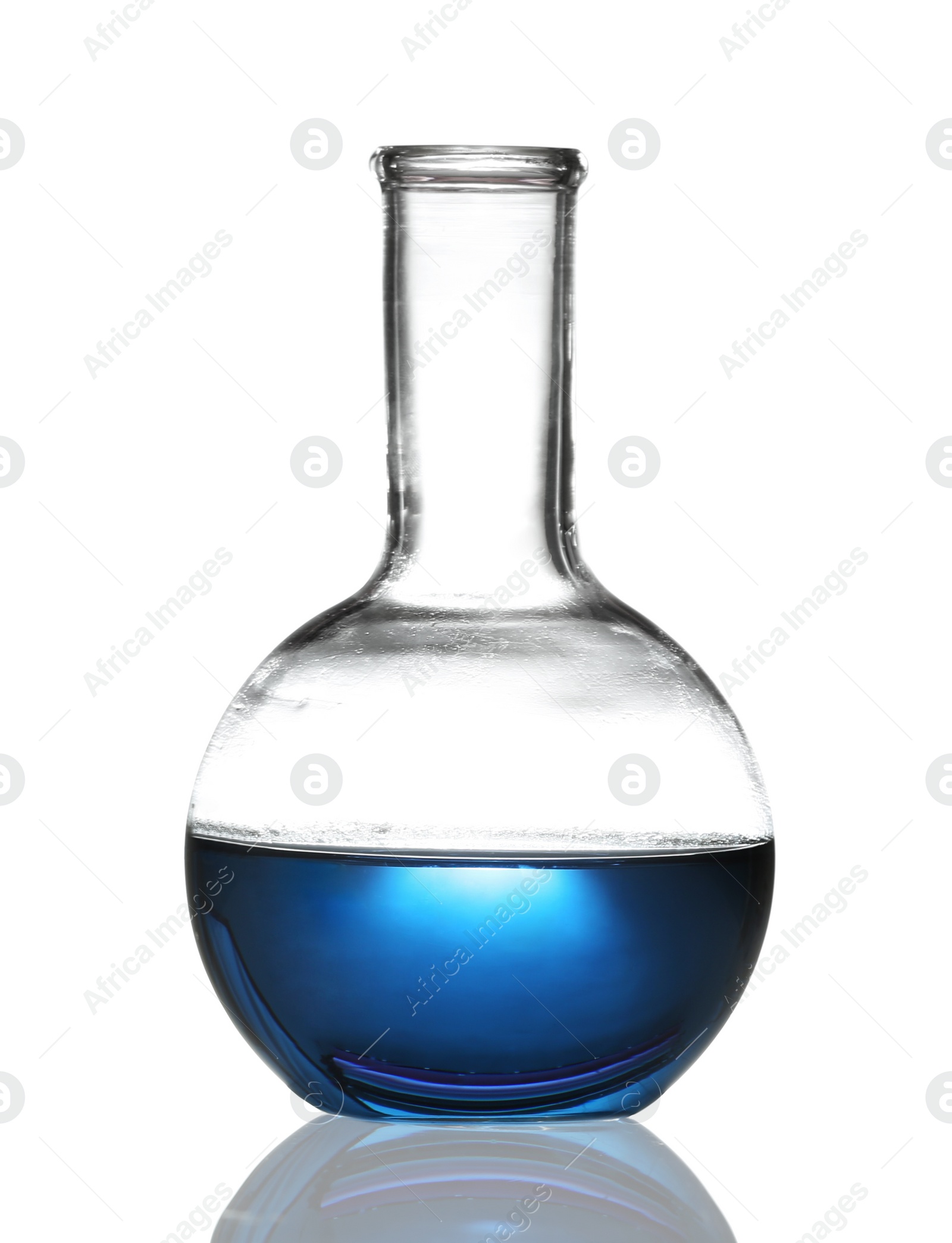 Photo of Florence flask with liquid on white background. Chemistry glassware