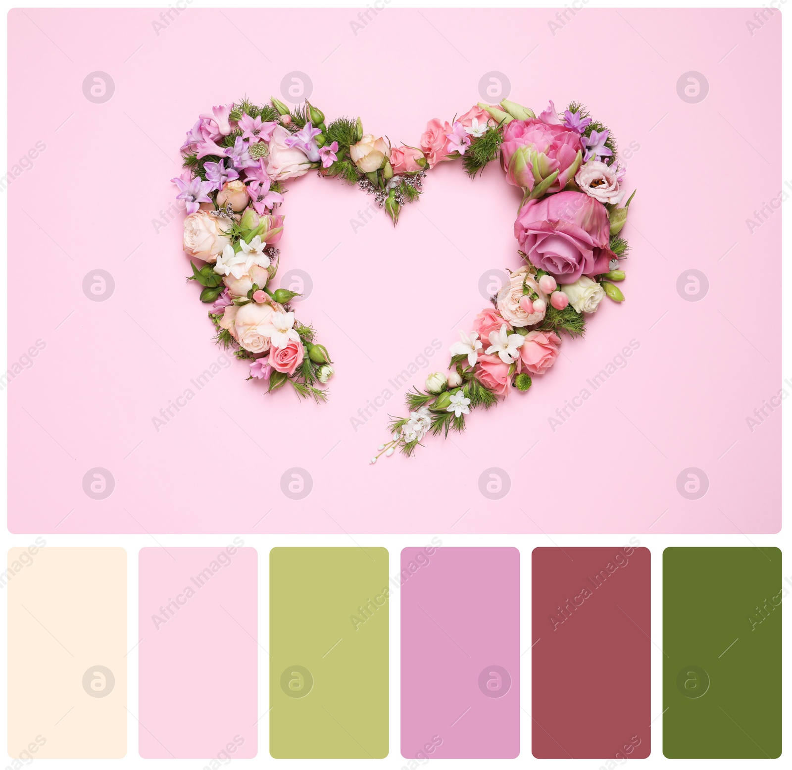 Image of Color palette and beautiful heart made of different flowers on pink background, flat lay. Collage