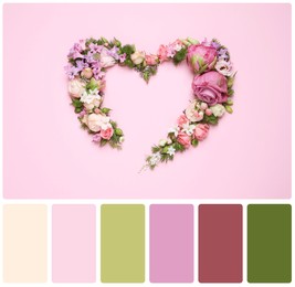 Image of Color palette and beautiful heart made of different flowers on pink background, flat lay. Collage