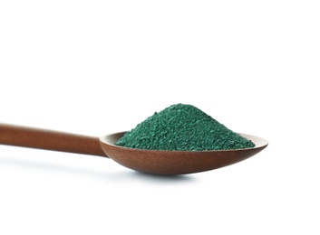 Photo of Spoon with spirulina algae powder on white background