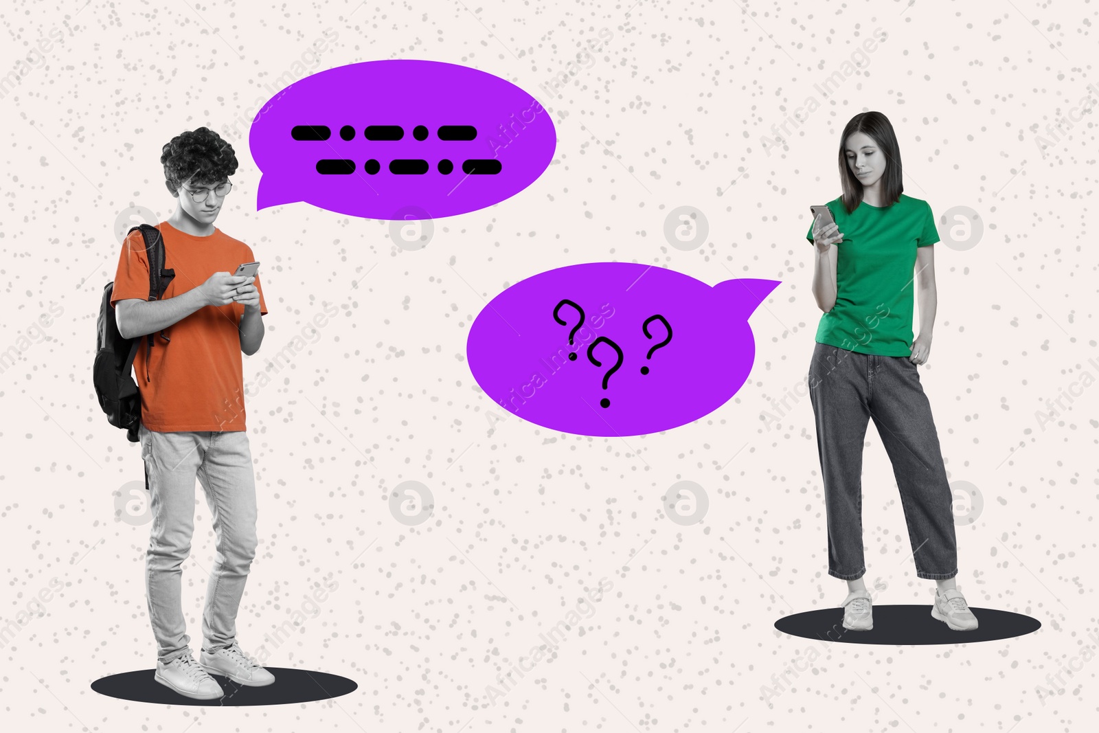 Image of Dialogue, chatting. Photos of people using mobile phones and speech bubbles near them, collage design