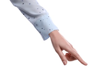 Woman pointing with index finger on white background, closeup