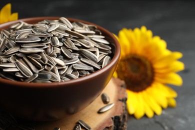 Photo of Raw sunflower seeds on wooden stand, closeup