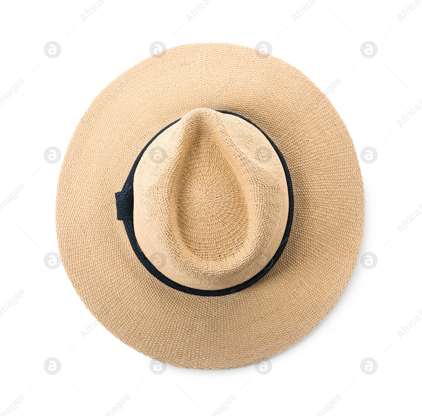 Photo of Stylish straw hat isolated on white, top view