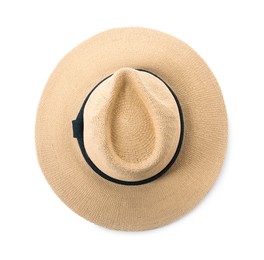 Photo of Stylish straw hat isolated on white, top view