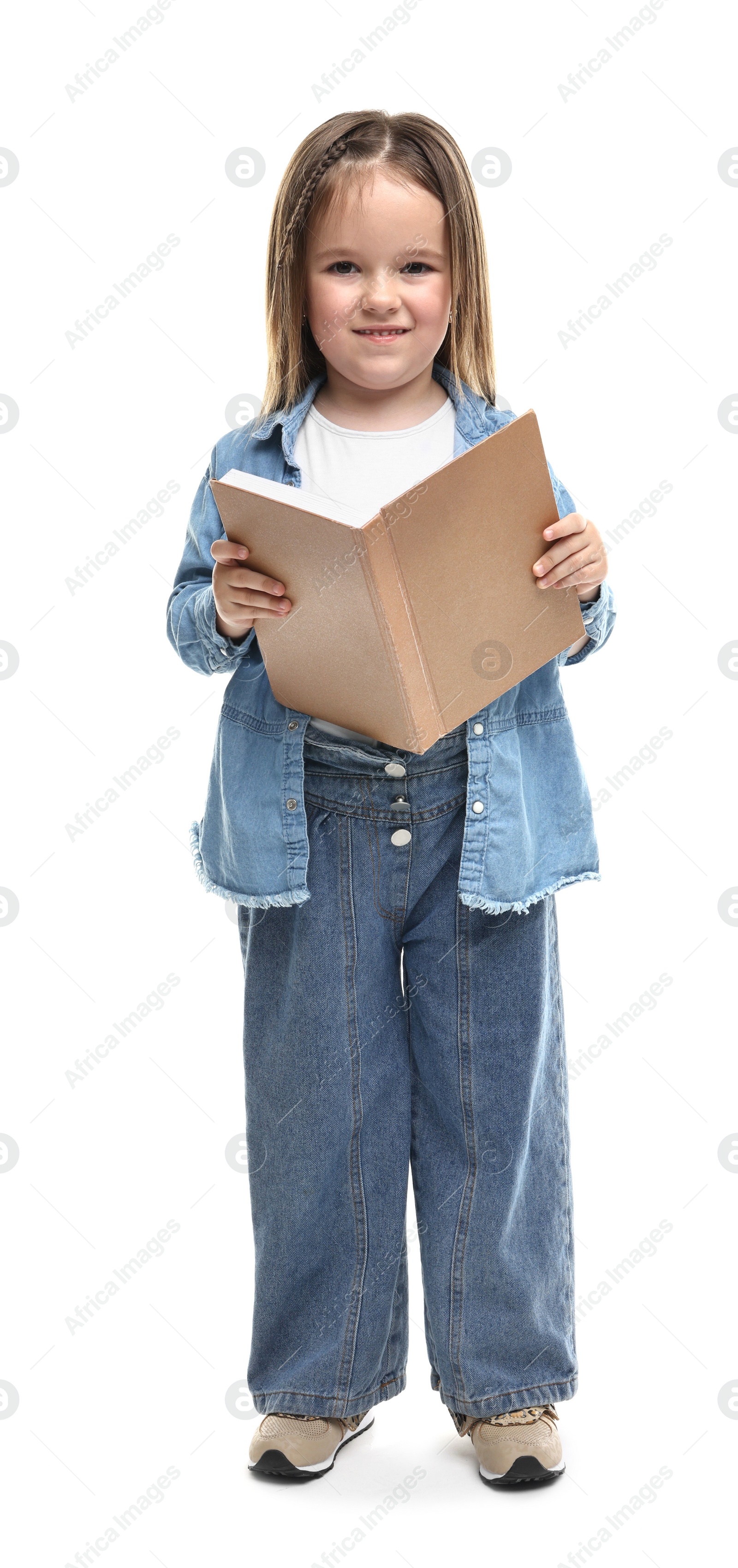 Photo of Cute little girl with open book on white background