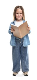 Photo of Cute little girl with open book on white background