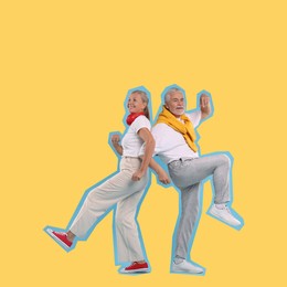 Image of Pop art poster. Happy senior couple dancing together on golden background