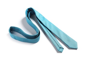 One light blue necktie isolated on white, above view