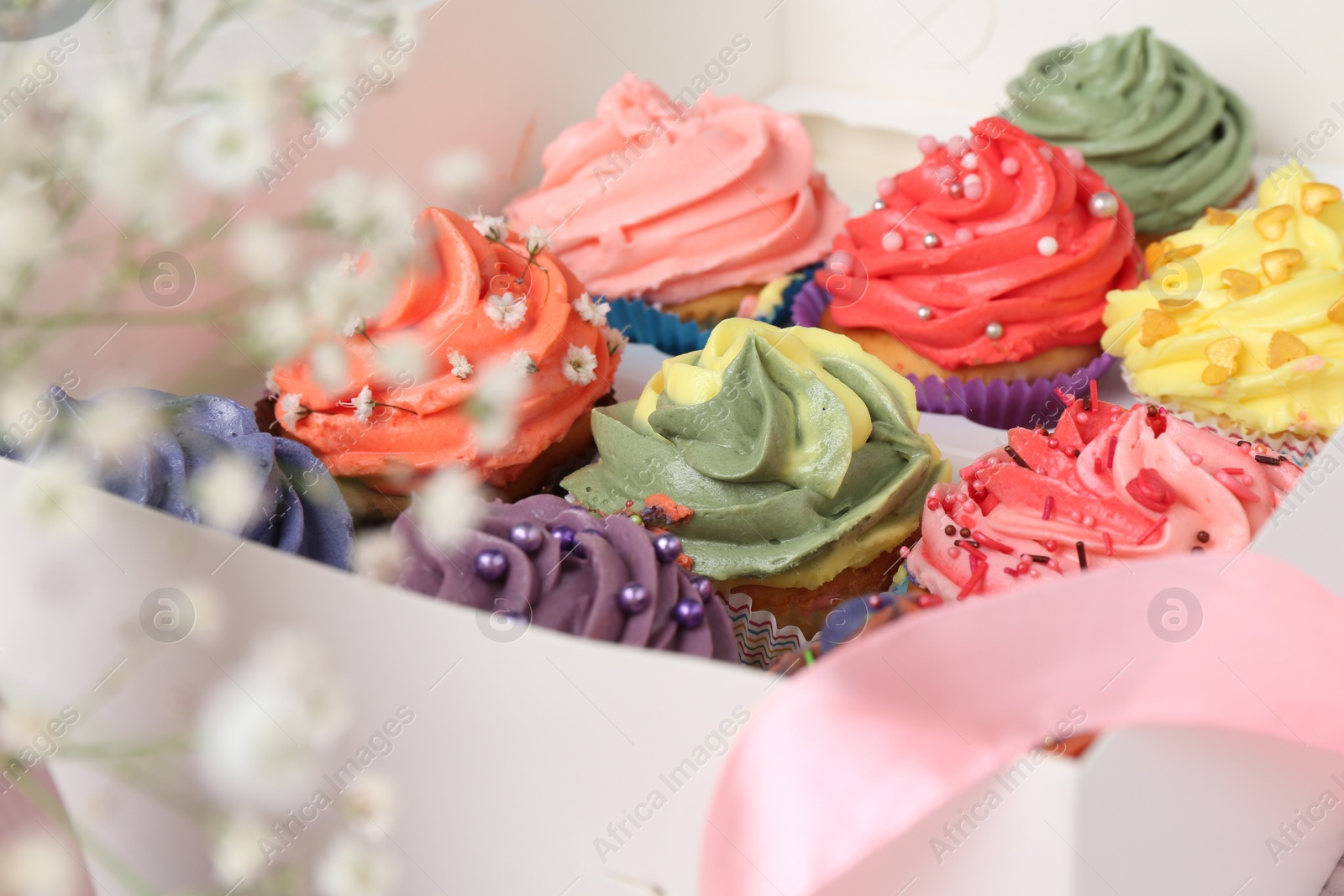 Photo of Different colorful cupcakes in box, closeup view