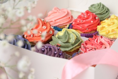 Different colorful cupcakes in box, closeup view