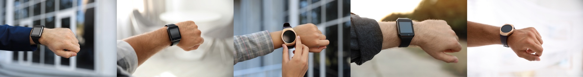 Photos of people using different smart watches, closeup. Collage design 