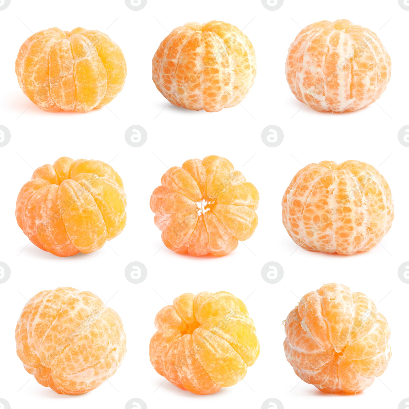 Image of Set of peeled fresh tangerines on white background