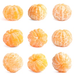 Image of Set of peeled fresh tangerines on white background