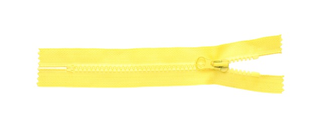 Yellow zipper isolated on white, top view