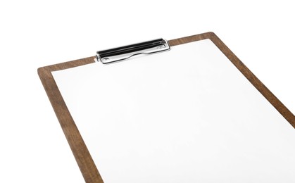 Photo of Wooden clipboard with sheet of paper isolated on white. Space for text