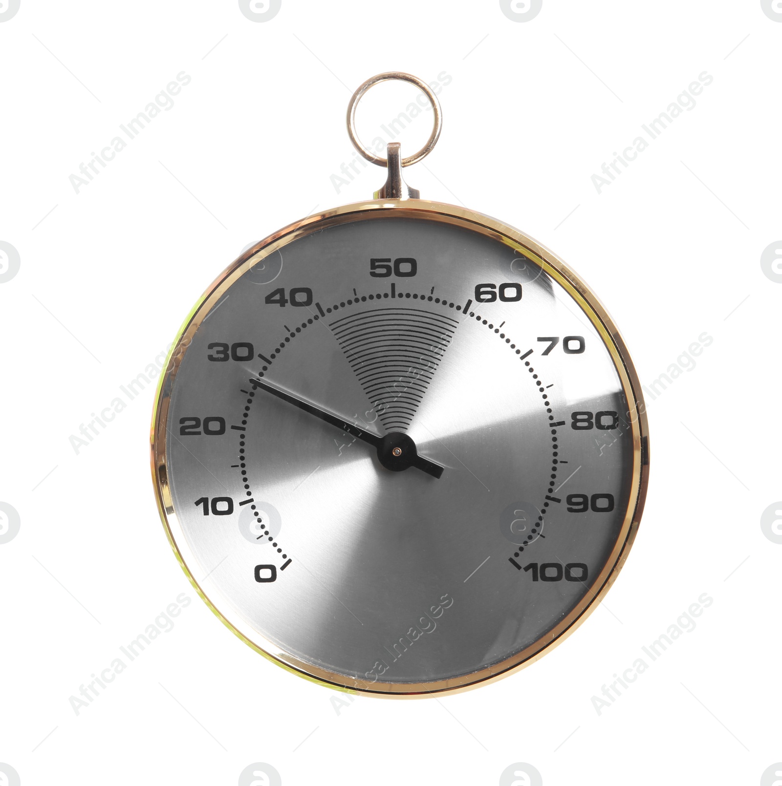 Photo of Round hygrometer on white background. Atmospheric humidity