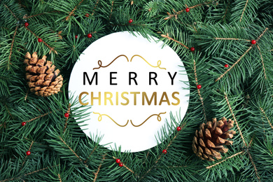 Image of Card with text MERRY CHRISTMAS and conifer cones on fir branches, flat lay