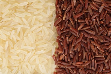 Photo of Raw white and red rice as background, top view