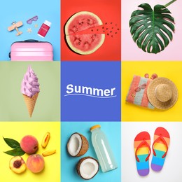 Image of Collage with tropical leaf, suitcase, fruits and beach accessories. Summer time