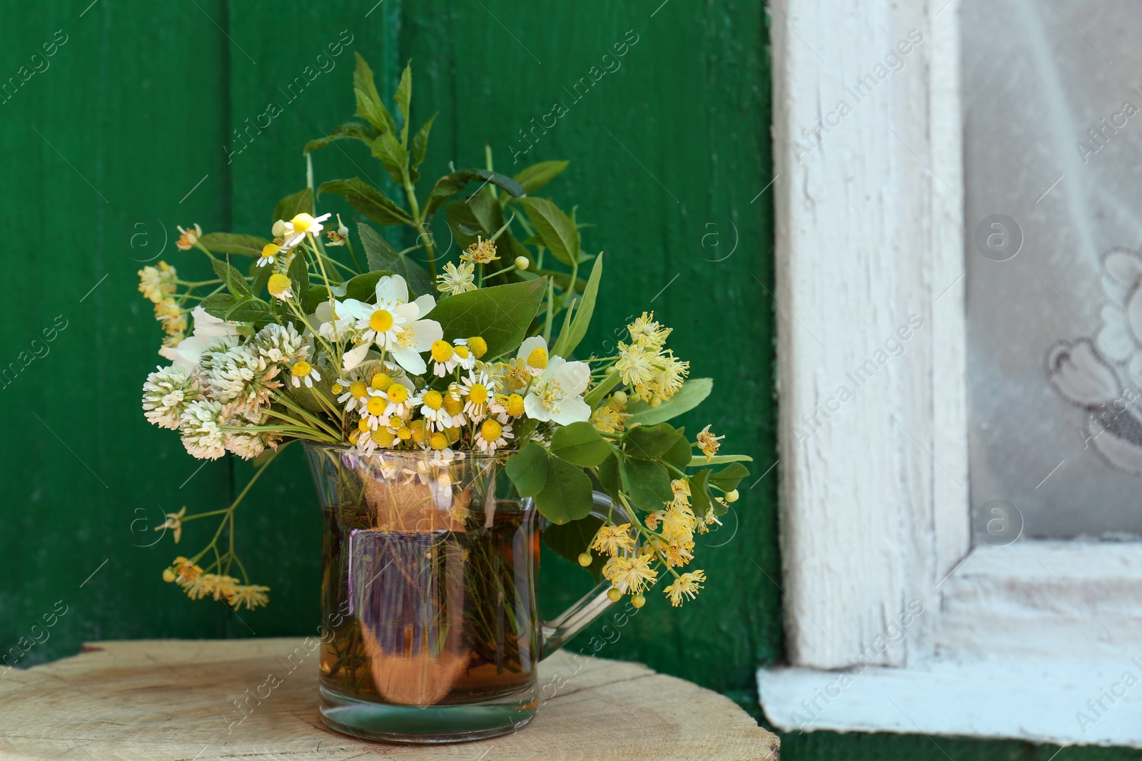 Photo of Composition with different fresh herbs in cup of tea on stump near green wall, space for text