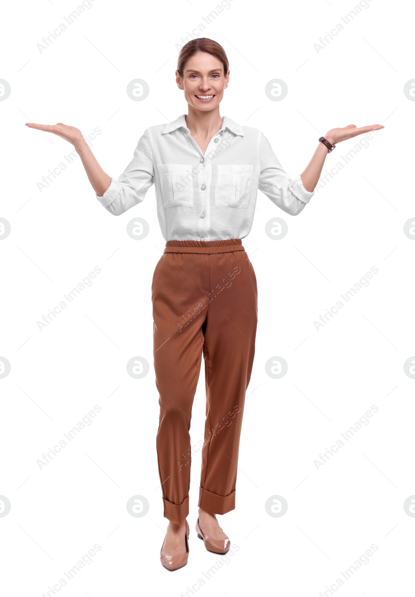 Photo of Beautiful happy businesswoman welcoming on white background