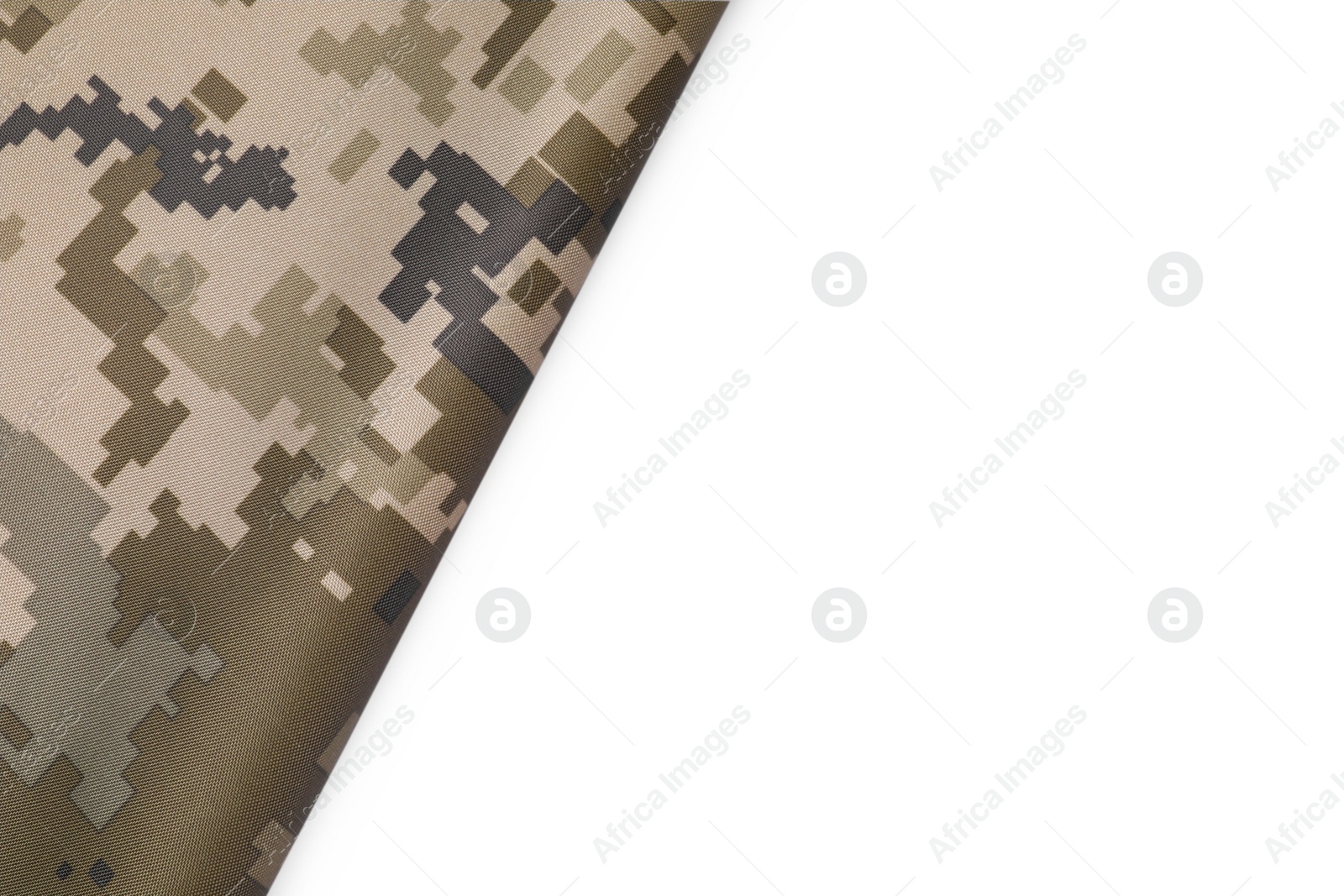 Photo of Camouflage fabric isolated on white, top view