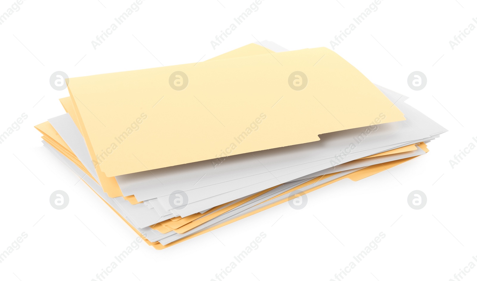 Photo of Stack of yellow files with documents on white background