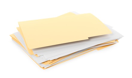 Stack of yellow files with documents on white background