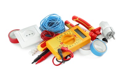 Set of electrician's tools and accessories on white background
