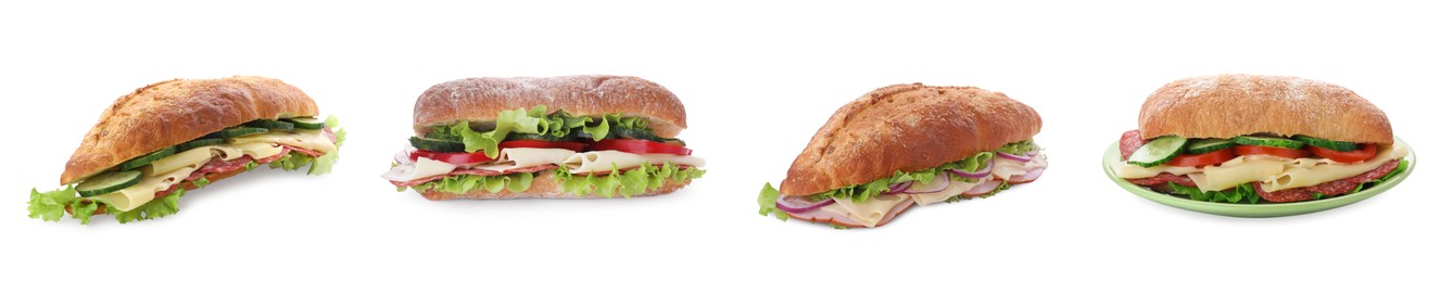 Image of Set with different delicious sandwiches on white background