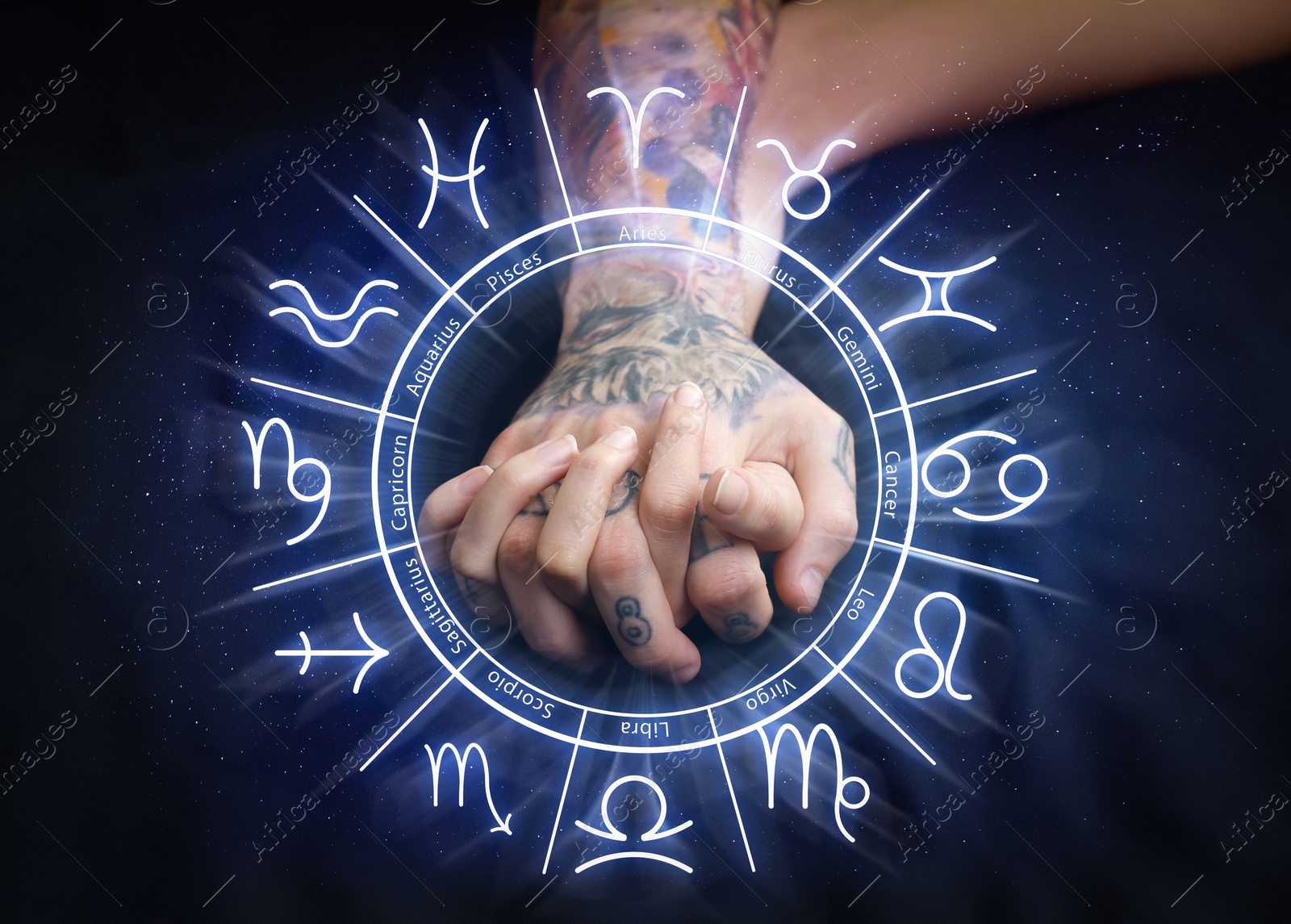 Image of Sexual compatibility. Zodiac wheel and passionate couple having sex on bed, closeup of hands