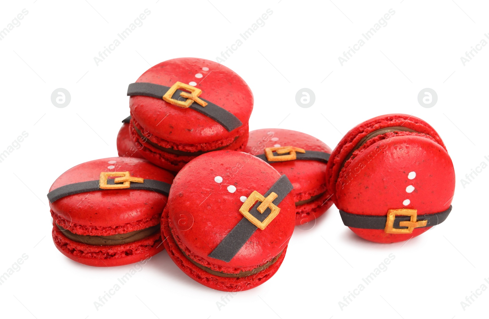 Photo of Pile of beautifully decorated Christmas macarons on white background