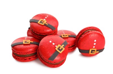 Photo of Pile of beautifully decorated Christmas macarons on white background