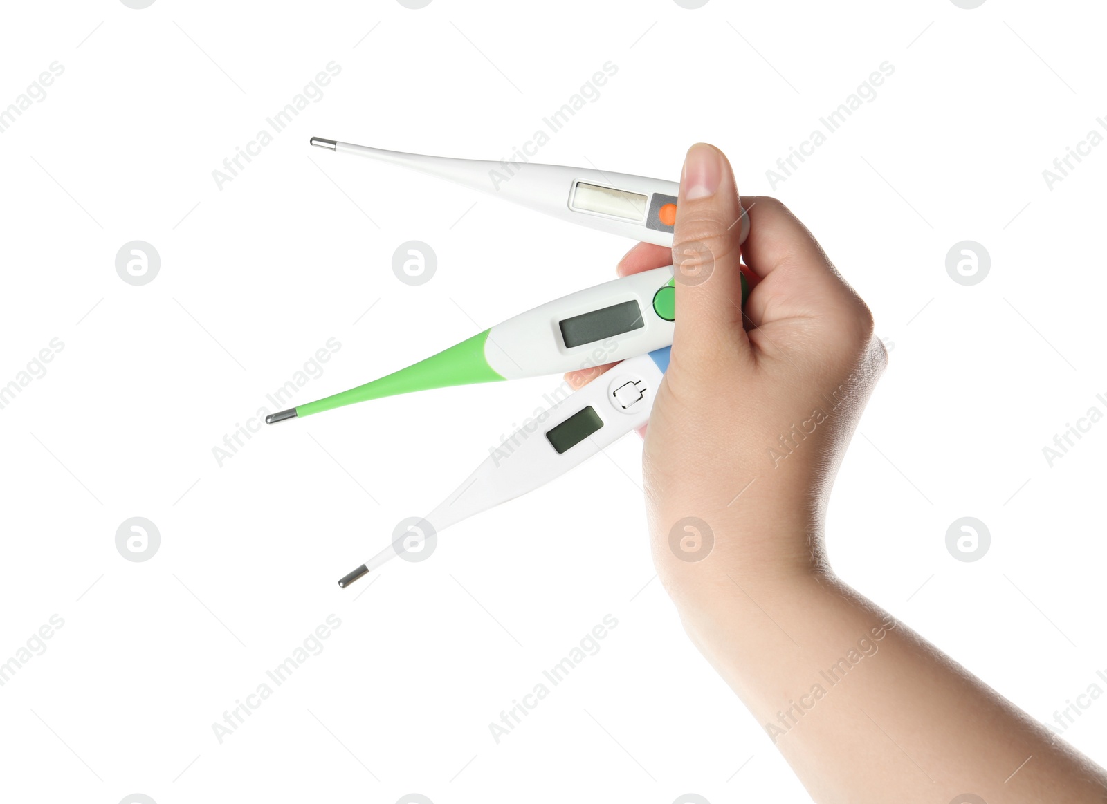 Photo of Woman holding different thermometers on white background, closeup