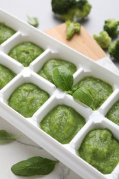 Photo of Broccoli puree in ice cube tray and ingredients on table, closeup. Ready for freezing