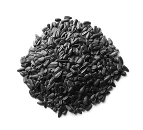 Photo of Heap of sunflower seeds isolated on white, top view