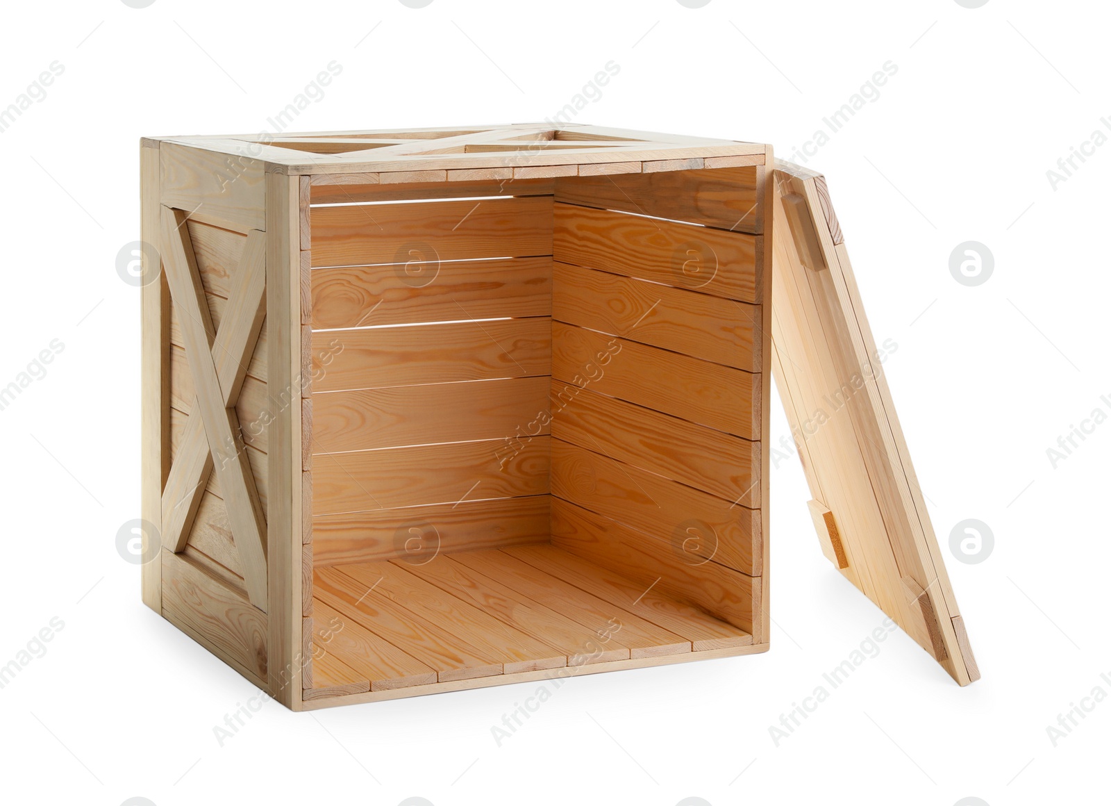 Photo of Open wooden crate with lid isolated on white