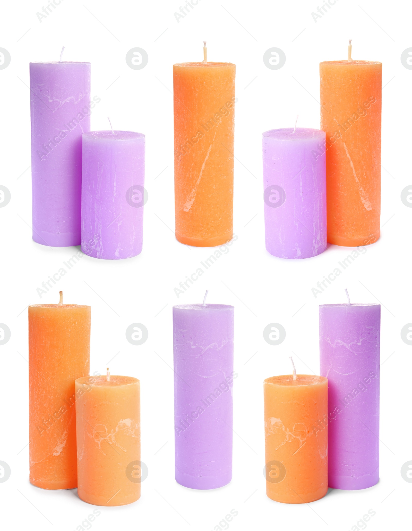 Image of Set of color wax candles on white background