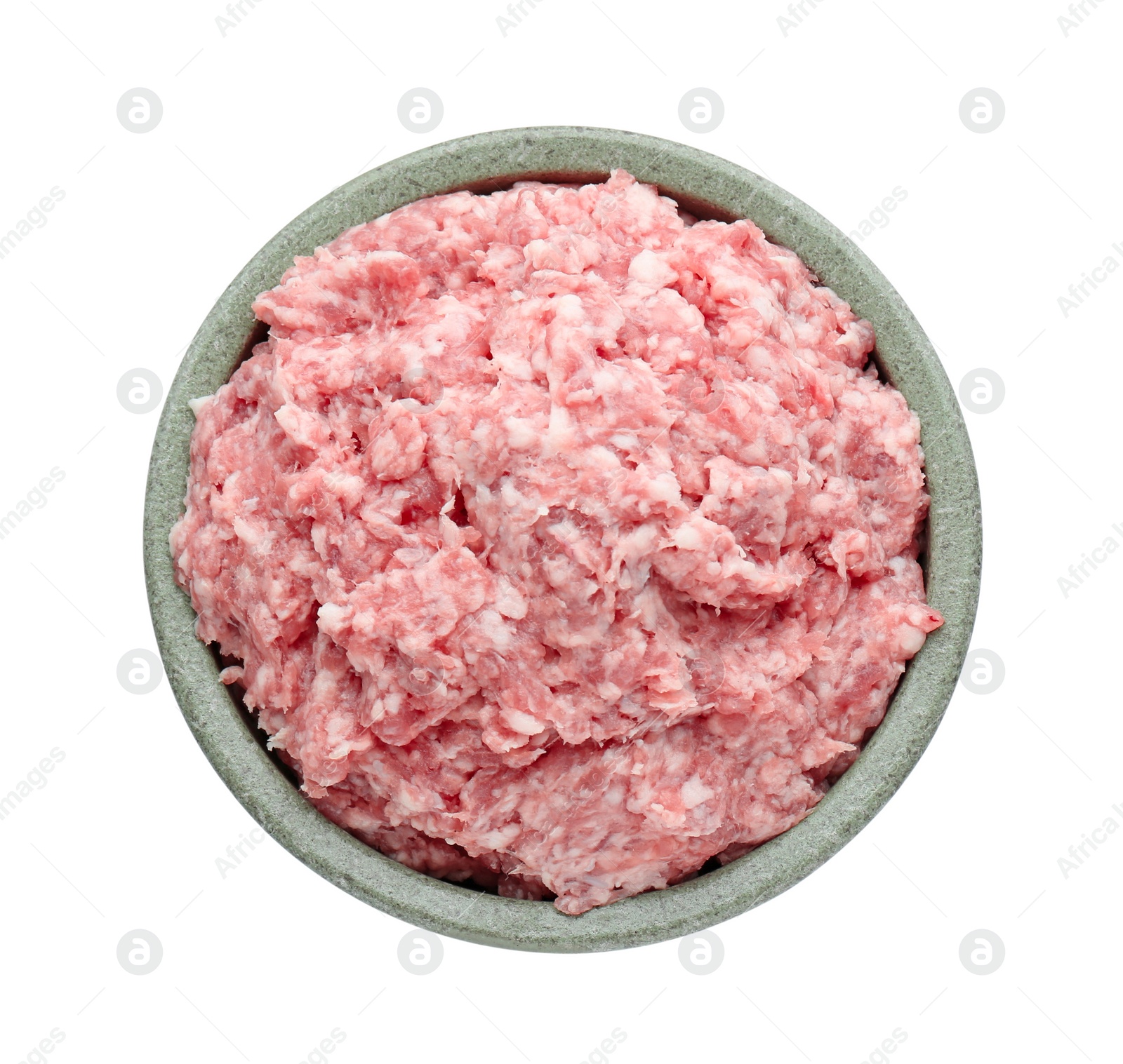 Photo of Bowl with raw fresh minced meat isolated on white, top view